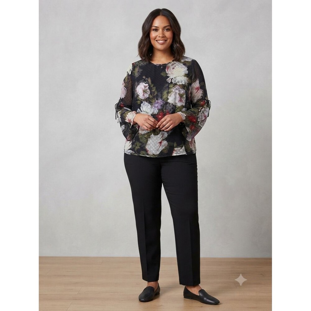 NWOT M&S Collection Floral Chiffon Sheer Blouse Tie-Neck Bell Sleeve Top Size 14